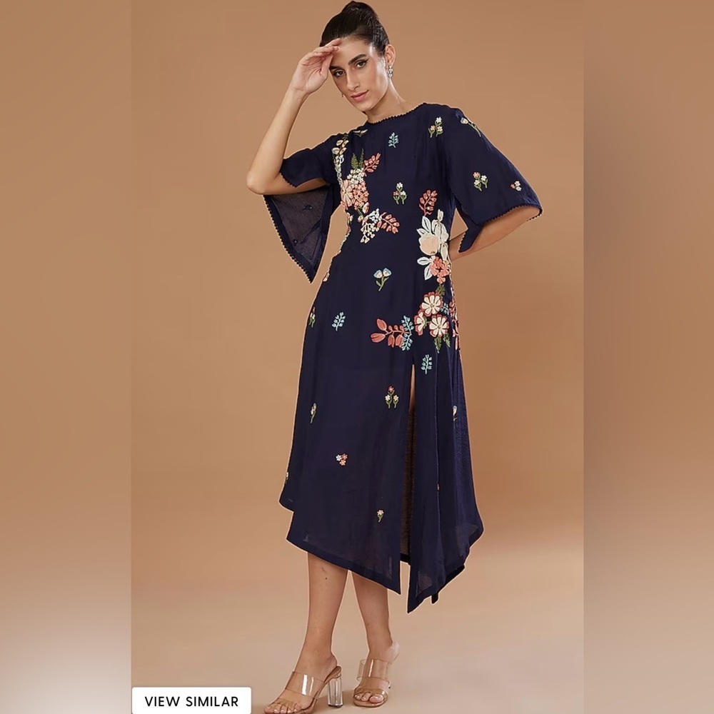 Sahil Kochhar Asymmetrical Navy Blue Chanderi Embroidered Tunic Dress, L - Picture 3 of 7
